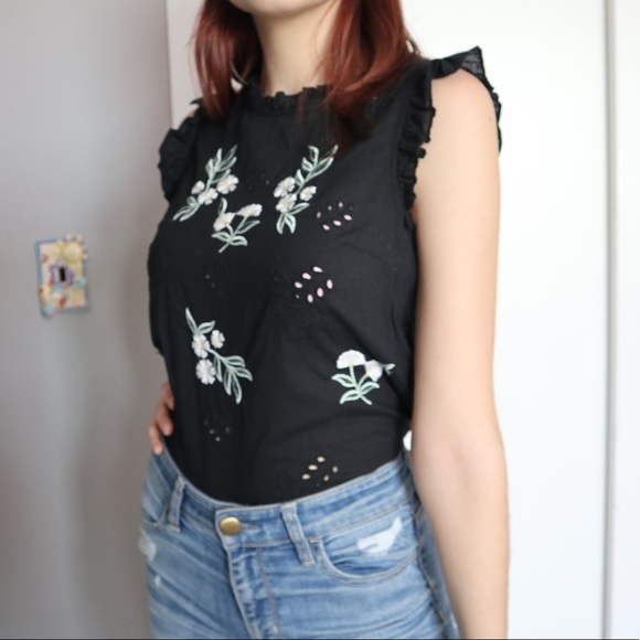 Embroidered Flowers Black Ruffled Shirt - Picture 3 of 6